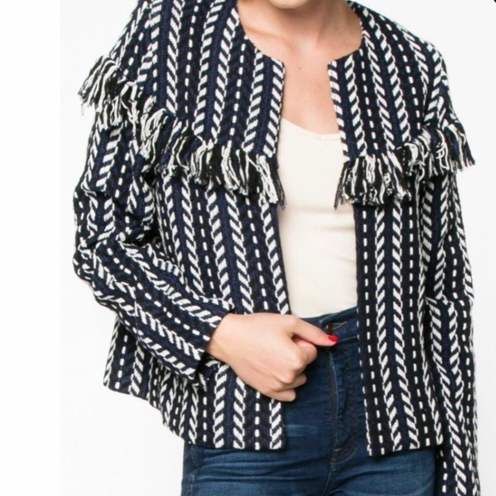 Everly Tweed Fringe Jacket Woven In Blue, Black And White, Size Medium